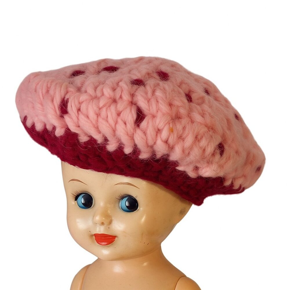 Vintage Doll Hat Beret Handmade Crochet Knit Pink Strawberry burgundy Accessory